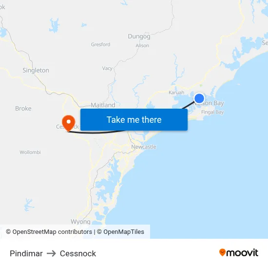 Pindimar to Cessnock map