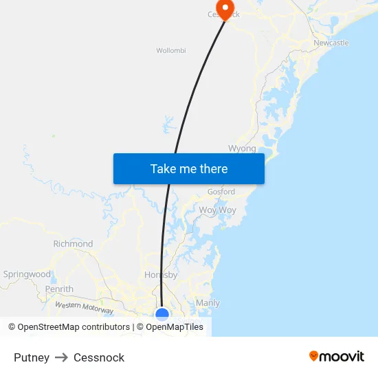 Putney to Cessnock map