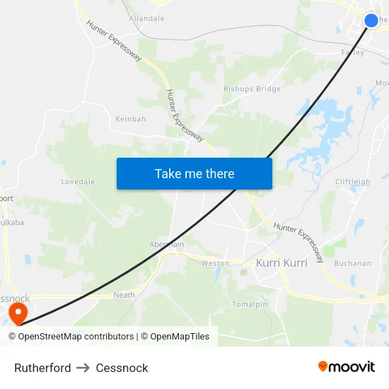 Rutherford to Cessnock map