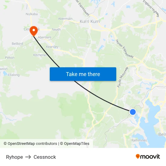 Ryhope to Cessnock map