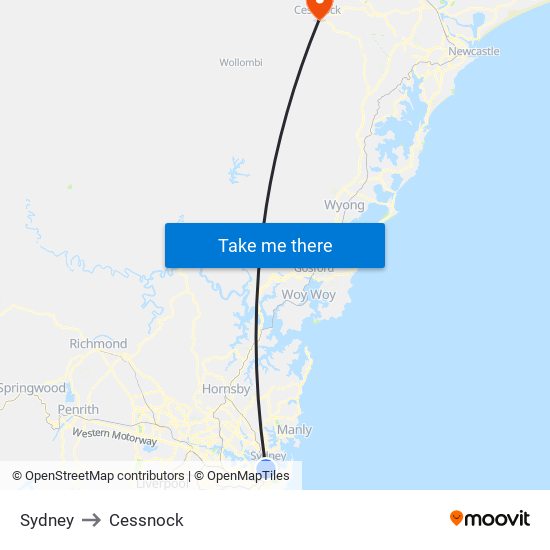 Sydney to Cessnock map