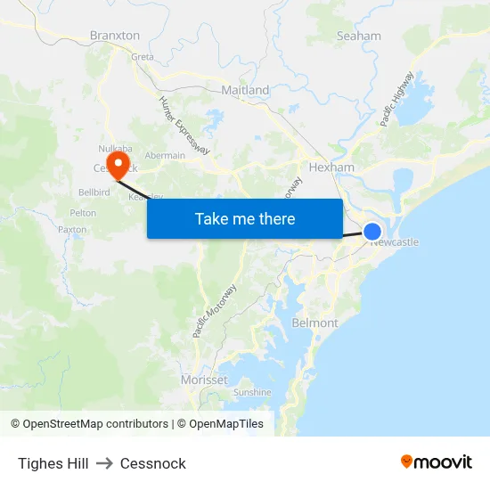 Tighes Hill to Cessnock map