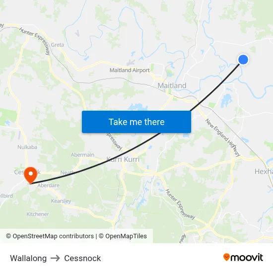 Wallalong to Cessnock map
