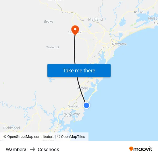 Wamberal to Cessnock map