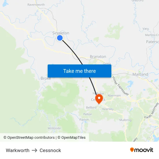Warkworth to Cessnock map