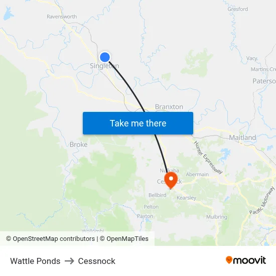 Wattle Ponds to Cessnock map