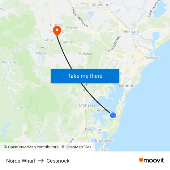 Nords Wharf to Cessnock map