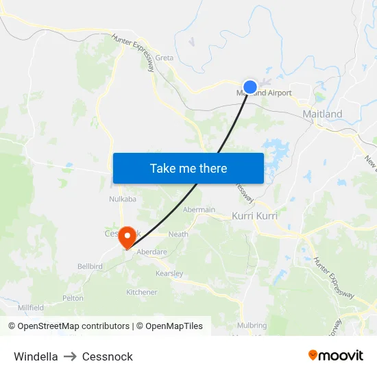 Windella to Cessnock map