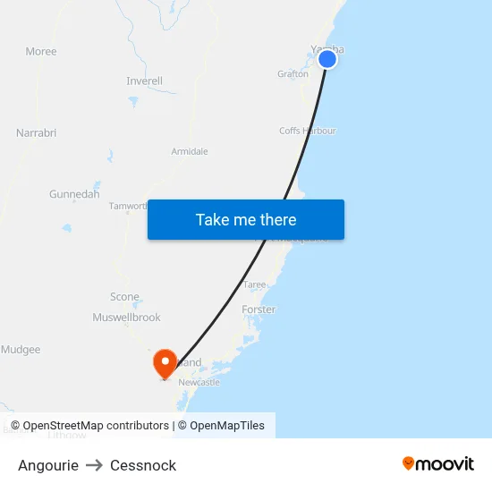 Angourie to Cessnock map