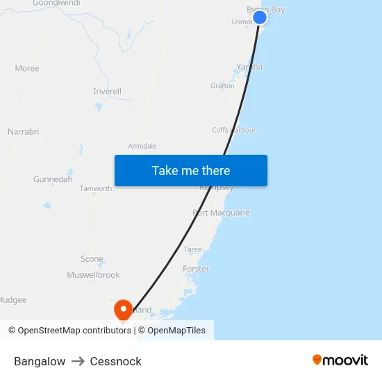 Bangalow to Cessnock map