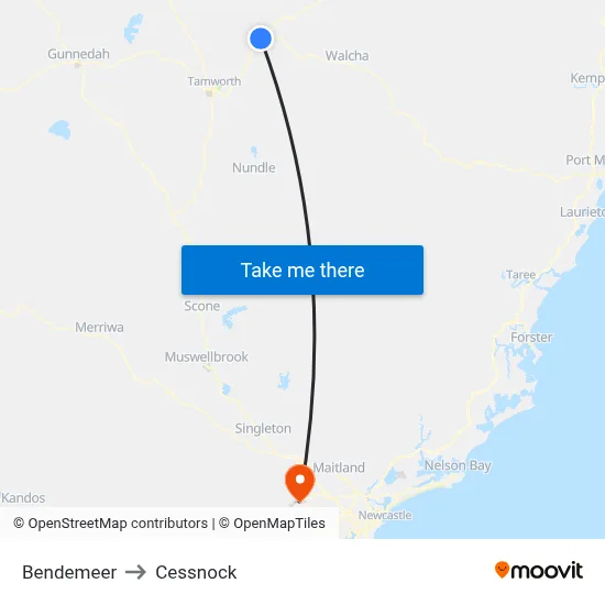 Bendemeer to Cessnock map