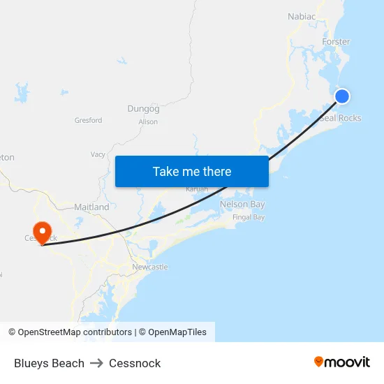 Blueys Beach to Cessnock map