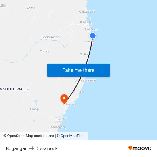 Bogangar to Cessnock map