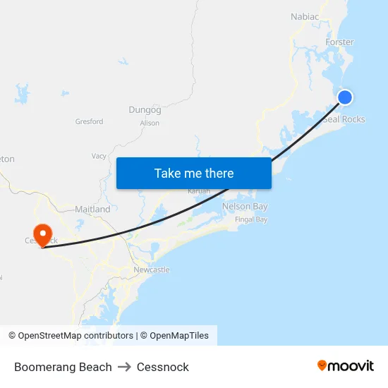Boomerang Beach to Cessnock map