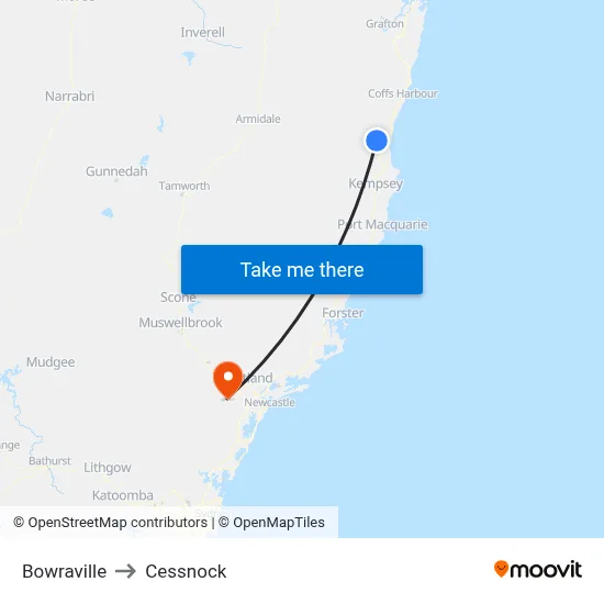 Bowraville to Cessnock map