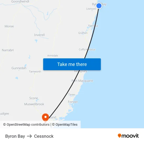 Byron Bay to Cessnock map