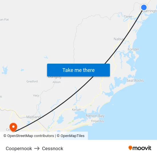 Coopernook to Cessnock map