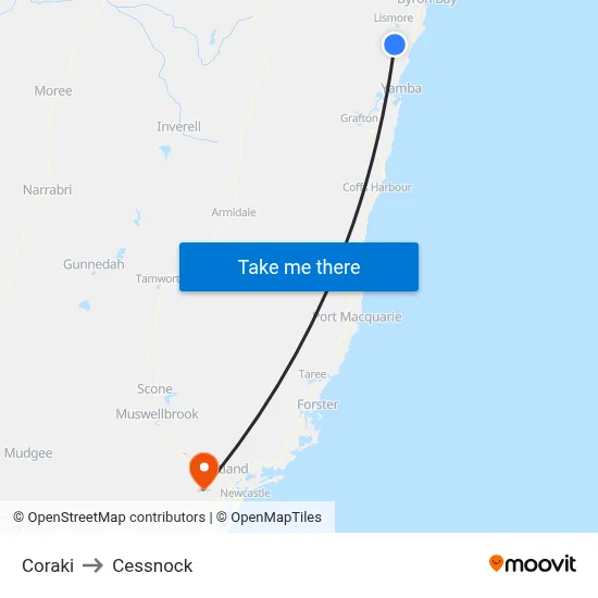 Coraki to Cessnock map