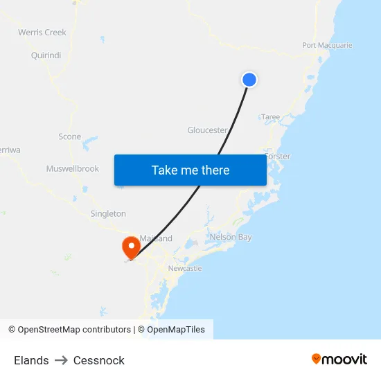 Elands to Cessnock map