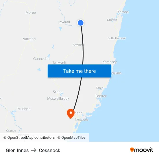 Glen Innes to Cessnock map
