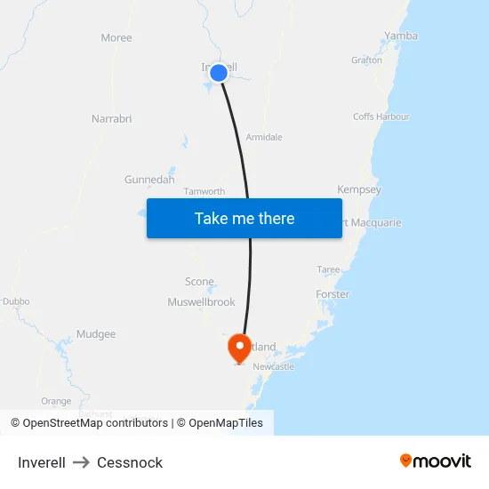 Inverell to Cessnock map