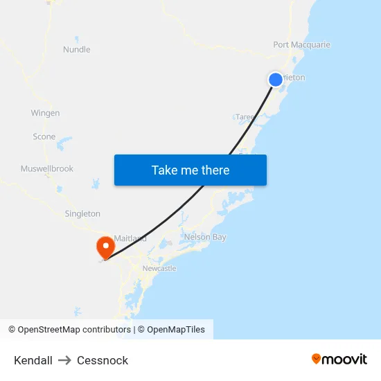Kendall to Cessnock map