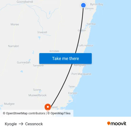 Kyogle to Cessnock map