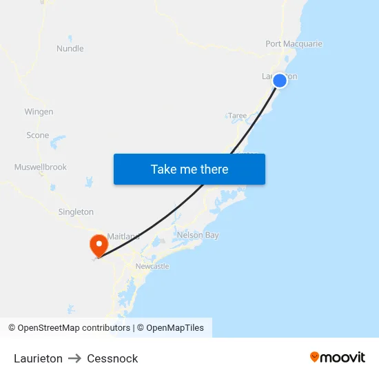 Laurieton to Cessnock map