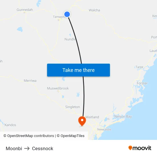 Moonbi to Cessnock map