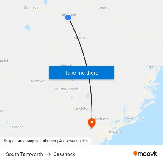 South Tamworth to Cessnock map