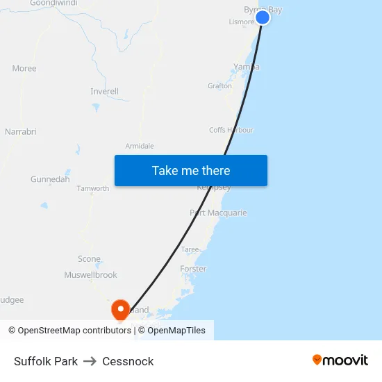 Suffolk Park to Cessnock map