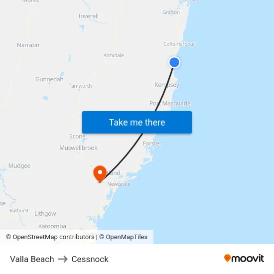 Valla Beach to Cessnock map