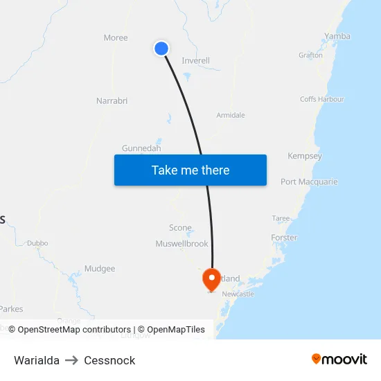 Warialda to Cessnock map