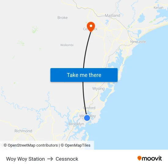 Woy Woy Station to Cessnock map