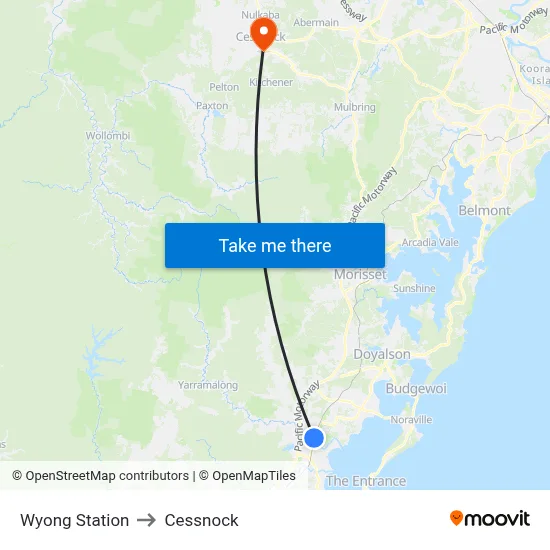 Wyong Station to Cessnock map
