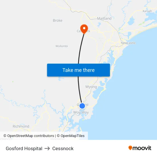 Gosford Hospital to Cessnock map
