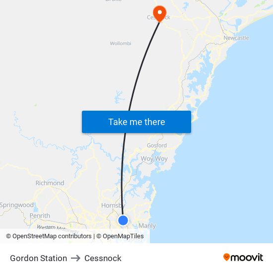 Gordon Station to Cessnock map