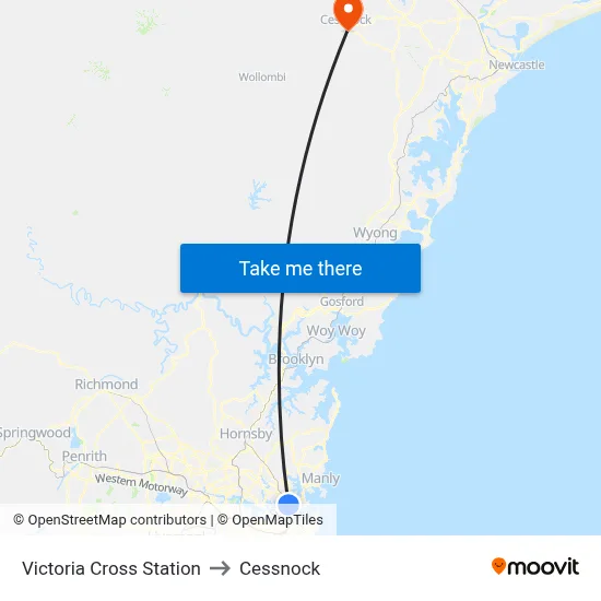 Victoria Cross Station to Cessnock map