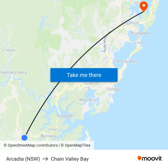 Arcadia (NSW) to Chain Valley Bay map