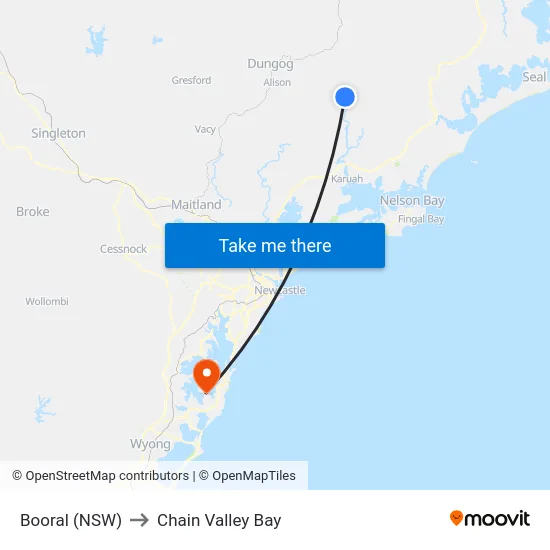 Booral (NSW) to Chain Valley Bay map