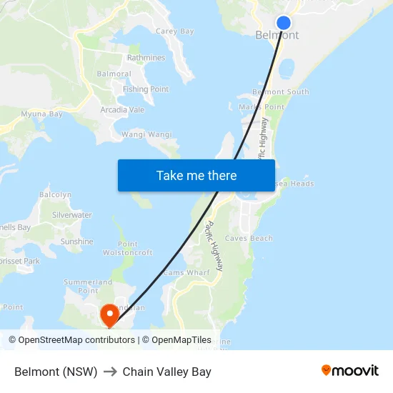 Belmont (NSW) to Chain Valley Bay map