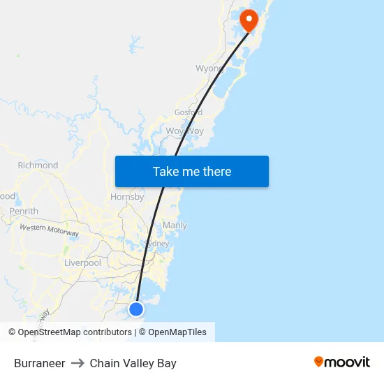Burraneer to Chain Valley Bay map