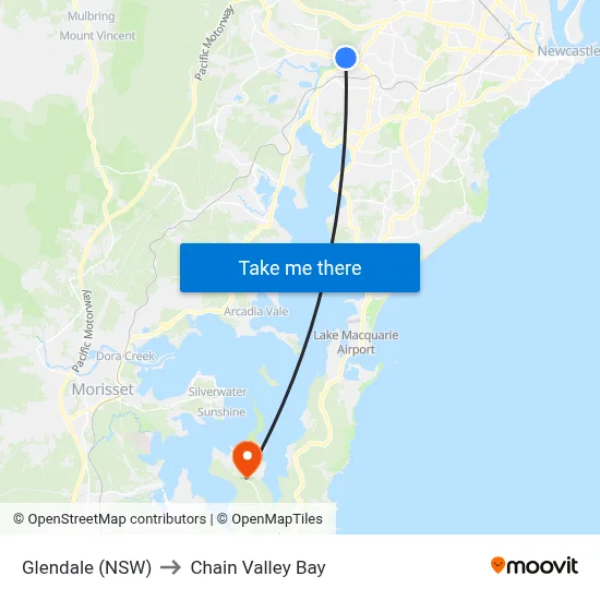 Glendale (NSW) to Chain Valley Bay map