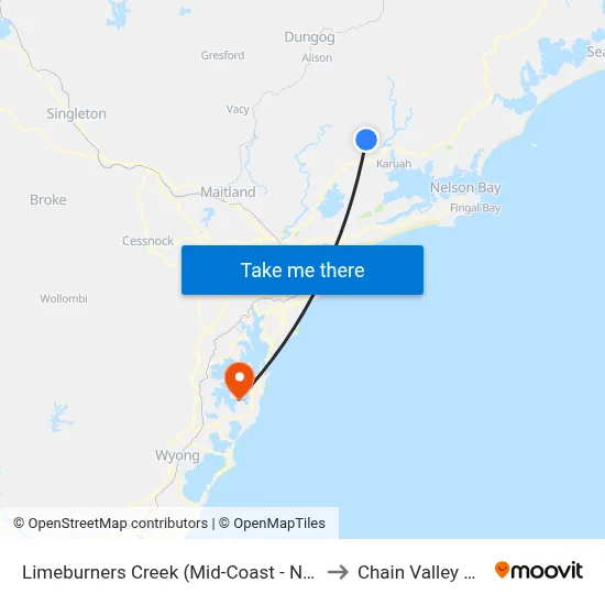 Limeburners Creek (Mid-Coast - NSW) to Chain Valley Bay map