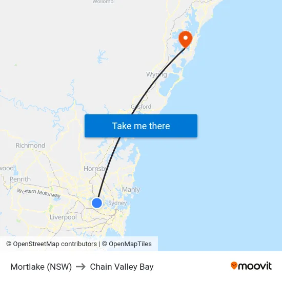Mortlake (NSW) to Chain Valley Bay map