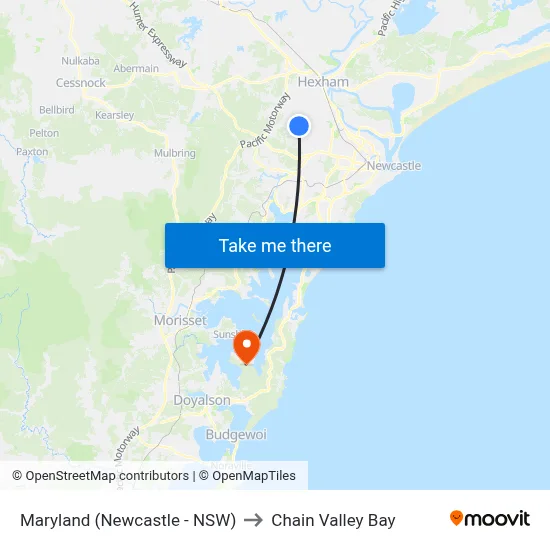 Maryland (Newcastle - NSW) to Chain Valley Bay map