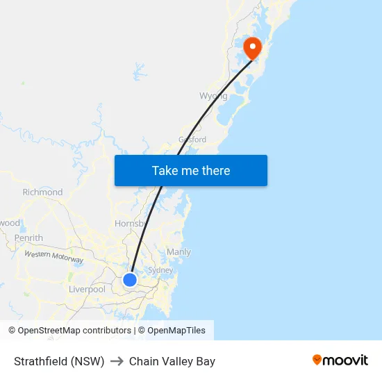 Strathfield (NSW) to Chain Valley Bay map