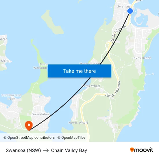 Swansea (NSW) to Chain Valley Bay map