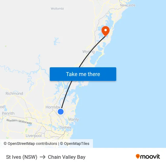 St Ives (NSW) to Chain Valley Bay map