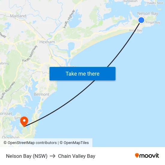 Nelson Bay (NSW) to Chain Valley Bay map